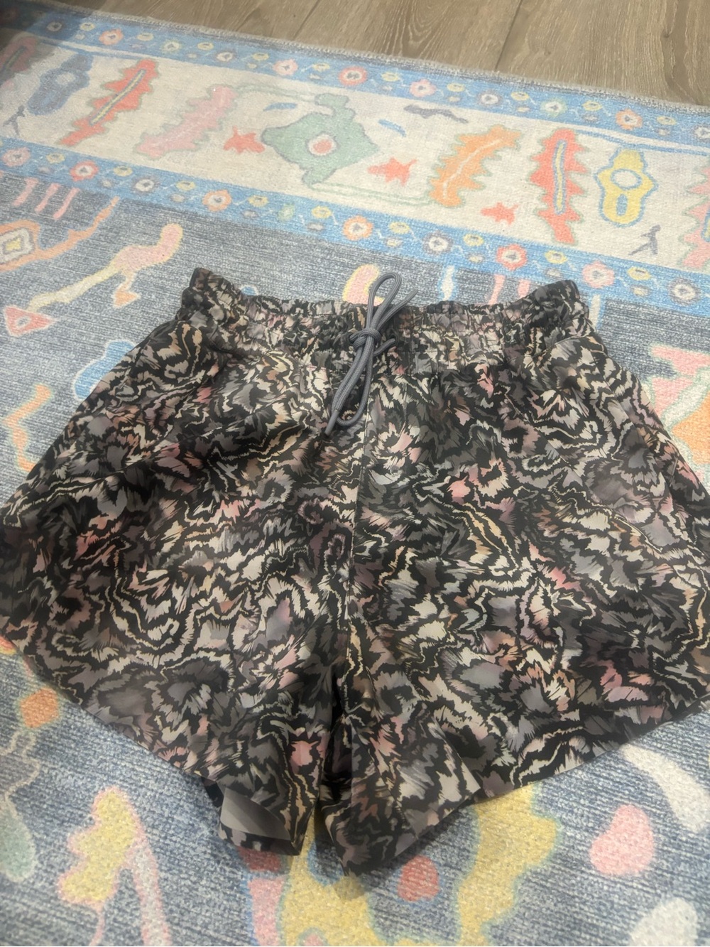 Athleta Black Printed Drawstring Athletic Shorts with Pink and Cream Accents
